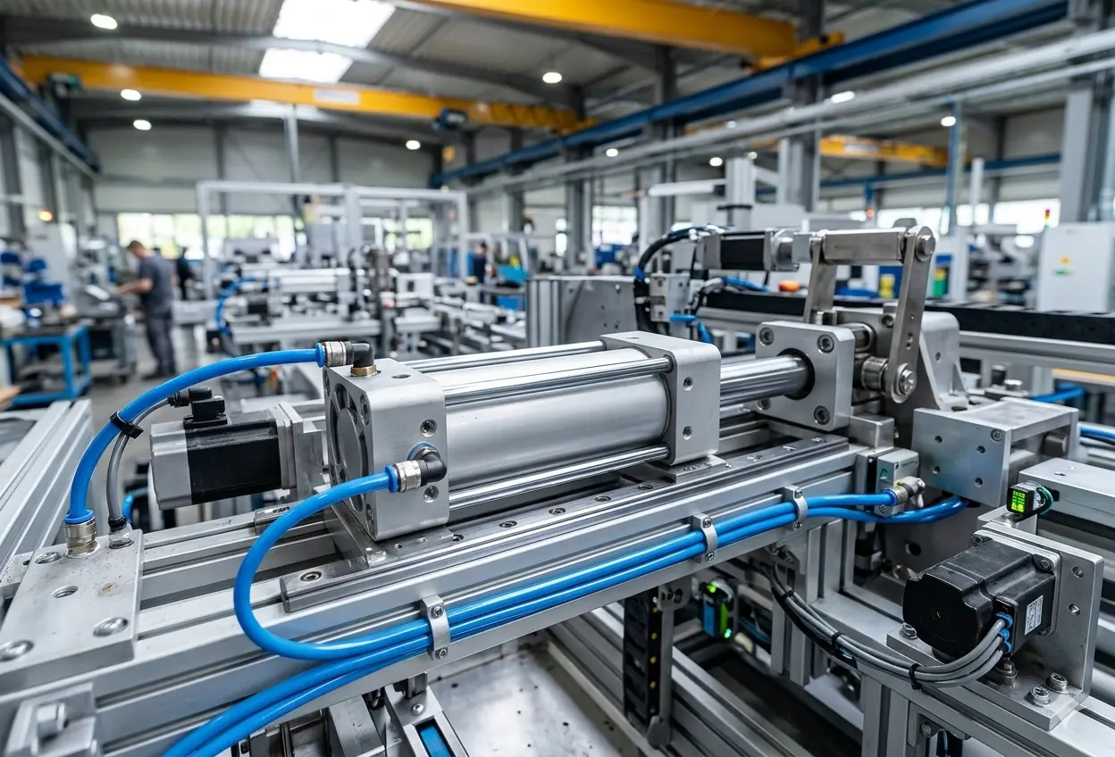 Cilindro neumático industrial instalado en maquinaria automatizada