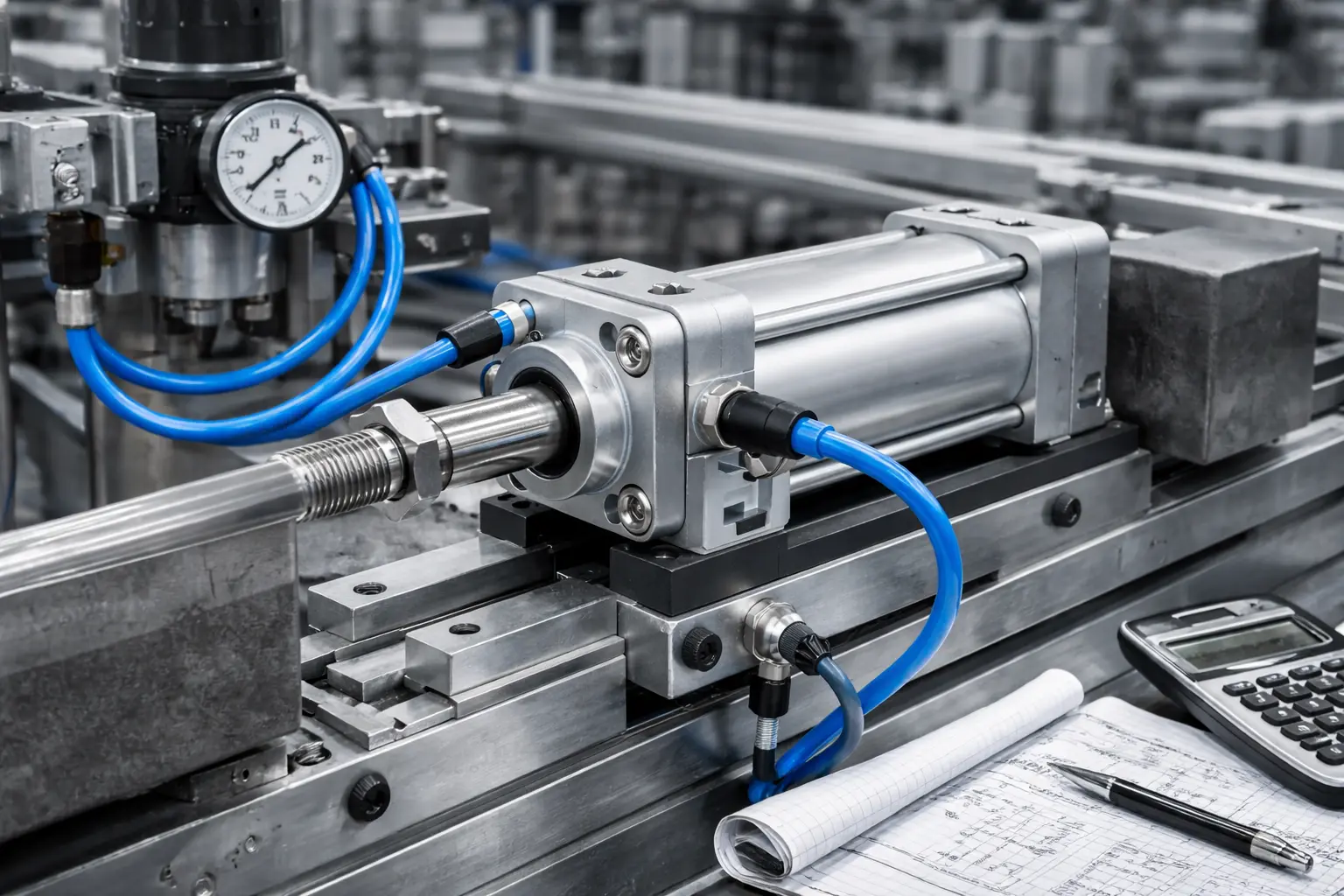 Cilindro neumático industrial moviendo una carga con manómetro visible