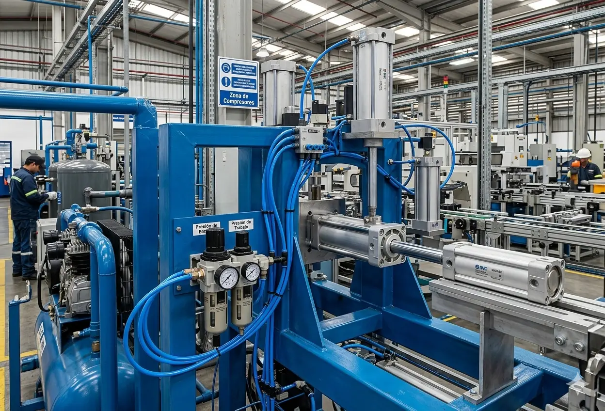 Sistema de aire comprimido industrial con componentes neumáticos