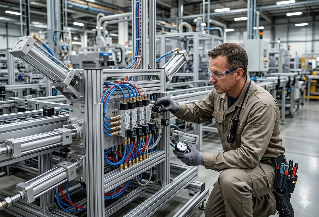 Unidad FRL instalada en sistema neumático industrial